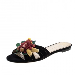 Pre Owned Charlotte Olympia Black Suede Tropical Floral Embellished Flat Slides Size 38