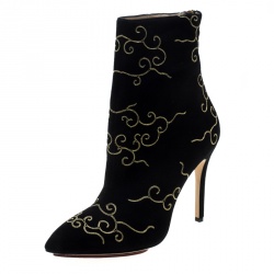 Pre Owned Charlotte Olympia Black Embroidered Suede Betsy Pointed Toe Ankle Boots Size 37.5