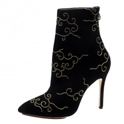Pre Owned Charlotte Olympia Black Embroidered Suede Betsy Pointed Toe Ankle Boots Size 37.5