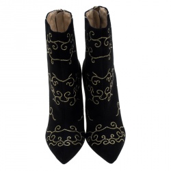 Pre Owned Charlotte Olympia Black Embroidered Suede Betsy Pointed Toe Ankle Boots Size 37.5