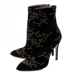 Pre Owned Charlotte Olympia Black Embroidered Suede Betsy Pointed Toe Ankle Boots Size 37.5