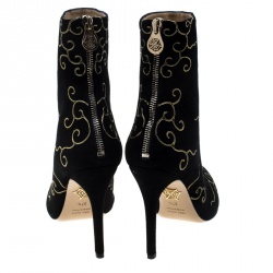 Pre Owned Charlotte Olympia Black Embroidered Suede Betsy Pointed Toe Ankle Boots Size 37.5