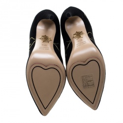 Pre Owned Charlotte Olympia Black Embroidered Suede Betsy Pointed Toe Ankle Boots Size 37.5