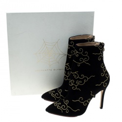 Pre Owned Charlotte Olympia Black Embroidered Suede Betsy Pointed Toe Ankle Boots Size 37.5