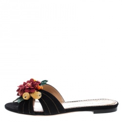 Pre Owned حذاء سلايدز شارلوت أوليمبيا فلات مزخرف زهور تروبيكال سويدي أسود مقاس 36