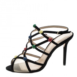 Pre Owned Charlotte Olympia Black Suede and Mesh Spot On Multicolor Stud Embellished Cut Out Sandals Size 40