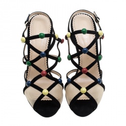 Pre Owned Charlotte Olympia Black Suede and Mesh Spot On Multicolor Stud Embellished Cut Out Sandals Size 40
