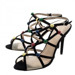 Pre Owned Charlotte Olympia Black Suede and Mesh Spot On Multicolor Stud Embellished Cut Out Sandals Size 40