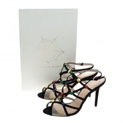 Pre Owned Charlotte Olympia Black Suede and Mesh Spot On Multicolor Stud Embellished Cut Out Sandals Size 40