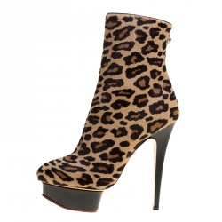 Pre Owned Charlotte Olympia Leopard Print Pony Hair Lucinda Platform Ankle Boots Size 37.5