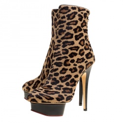 Pre Owned Charlotte Olympia Leopard Print Pony Hair Lucinda Platform Ankle Boots Size 37.5