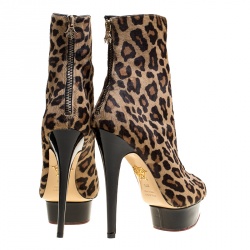 Pre Owned Charlotte Olympia Leopard Print Pony Hair Lucinda Platform Ankle Boots Size 37.5