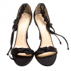 Pre Owned Charlotte Olympia Black Satin Shelley Bow Embellished Ankle Wrap Sandals Size 38.5