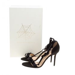 Pre Owned Charlotte Olympia Black Satin Shelley Bow Embellished Ankle Wrap Sandals Size 38.5