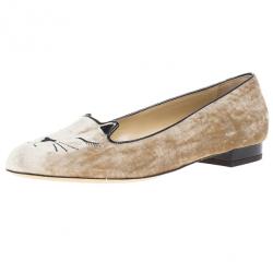 Pre Owned Charlotte Olympia Velvet Sleeping Kitty Flats Size 38.5