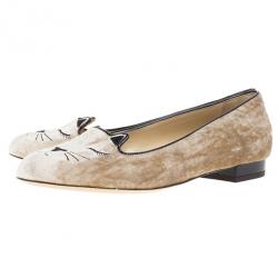 Pre Owned Charlotte Olympia Velvet Sleeping Kitty Flats Size 38.5