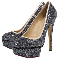 Pre Owned Charlotte Olympia Black Glitter Priscilla Platform Pumps Size 36.5