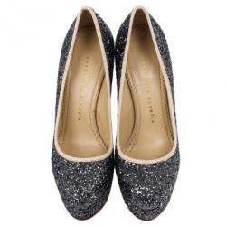 Pre Owned Charlotte Olympia Black Glitter Priscilla Platform Pumps Size 36.5