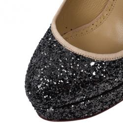 Pre Owned Charlotte Olympia Black Glitter Priscilla Platform Pumps Size 36.5