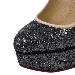 Pre Owned Charlotte Olympia Black Glitter Priscilla Platform Pumps Size 36.5