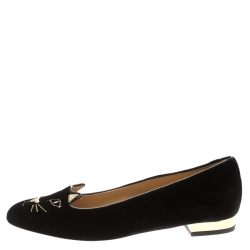 Pre Owned Charlotte Olympia Black Kitty Embroidered Velvet Flats Size 41