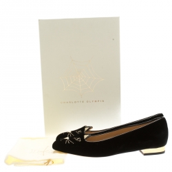 Pre Owned Charlotte Olympia Black Kitty Embroidered Velvet Flats Size 41