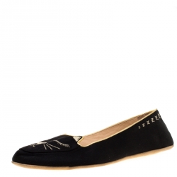Pre Owned Charlotte Olympia Black Satin Cat Nap Slipper Set M