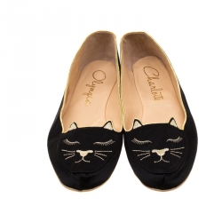 Pre Owned Charlotte Olympia Black Satin Cat Nap Slipper Set M