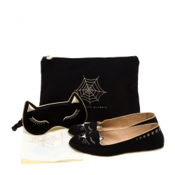 Pre Owned Charlotte Olympia Black Satin Cat Nap Slipper Set M