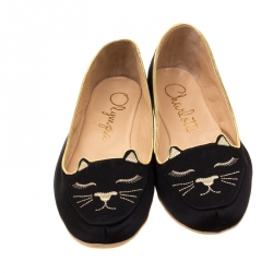 Charlotte Olympia Black Satin Cat Nap Slipper Set S