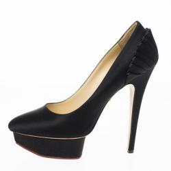 Pre Owned Charlotte Olympia Black Paloma Fan-pleat Satin Pumps Size 39.5