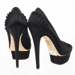 Pre Owned Charlotte Olympia Black Paloma Fan-pleat Satin Pumps Size 39.5