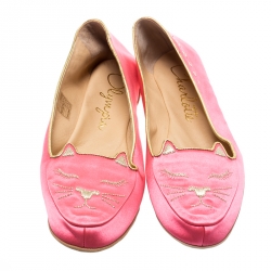 Pre Owned Charlotte Olympia Pink Satin Cat Nap Slipper Set L