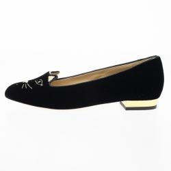 Pre Owned Charlotte Olympia Kitty Embroidered Velvet Flats Size 37