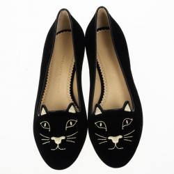 Pre Owned Charlotte Olympia Kitty Embroidered Velvet Flats Size 37