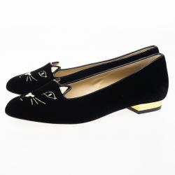 Pre Owned Charlotte Olympia Kitty Embroidered Velvet Flats Size 37