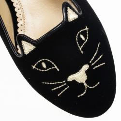 Pre Owned Charlotte Olympia Kitty Embroidered Velvet Flats Size 37