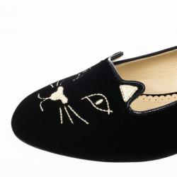 Pre Owned Charlotte Olympia Kitty Embroidered Velvet Flats Size 37