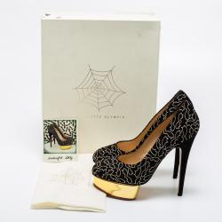 Pre Owned Charlotte Olympia Black Suede Midnight Dolly Bat Embroidered Platform Pumps Size 39
