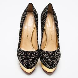Pre Owned Charlotte Olympia Black Suede Midnight Dolly Bat Embroidered Platform Pumps Size 39