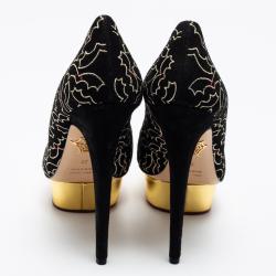 Pre Owned Charlotte Olympia Black Suede Midnight Dolly Bat Embroidered Platform Pumps Size 39