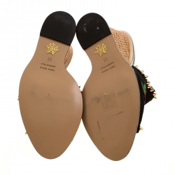 Pre Owned Charlotte Olympia Black Suede Gail Embroidered Open Toe Wedge Sandals Size 39