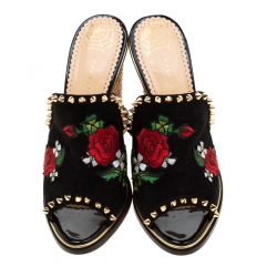 Pre Owned Charlotte Olympia Black Suede Gail Embroidered Open Toe Wedge Sandals Size 39