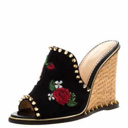 Pre Owned Charlotte Olympia Black Suede Gail Embroidered Open Toe Wedge Sandals Size 39
