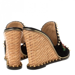 Pre Owned Charlotte Olympia Black Suede Gail Floral Embroidered Open Toe Wedge Sandals Size 39.5