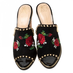 Pre Owned Charlotte Olympia Black Suede Gail Floral Embroidered Open Toe Wedge Sandals Size 39.5