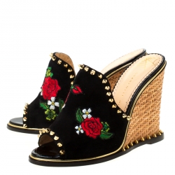 Pre Owned Charlotte Olympia Black Suede Gail Floral Embroidered Open Toe Wedge Sandals Size 39.5