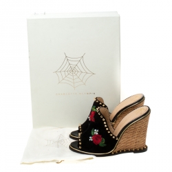 Pre Owned Charlotte Olympia Black Suede Gail Floral Embroidered Open Toe Wedge Sandals Size 39.5