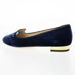 Pre Owned Charlotte Olympia Kitty Embroidered Velvet Flats Size 39.5