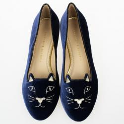 Pre Owned Charlotte Olympia Kitty Embroidered Velvet Flats Size 39.5